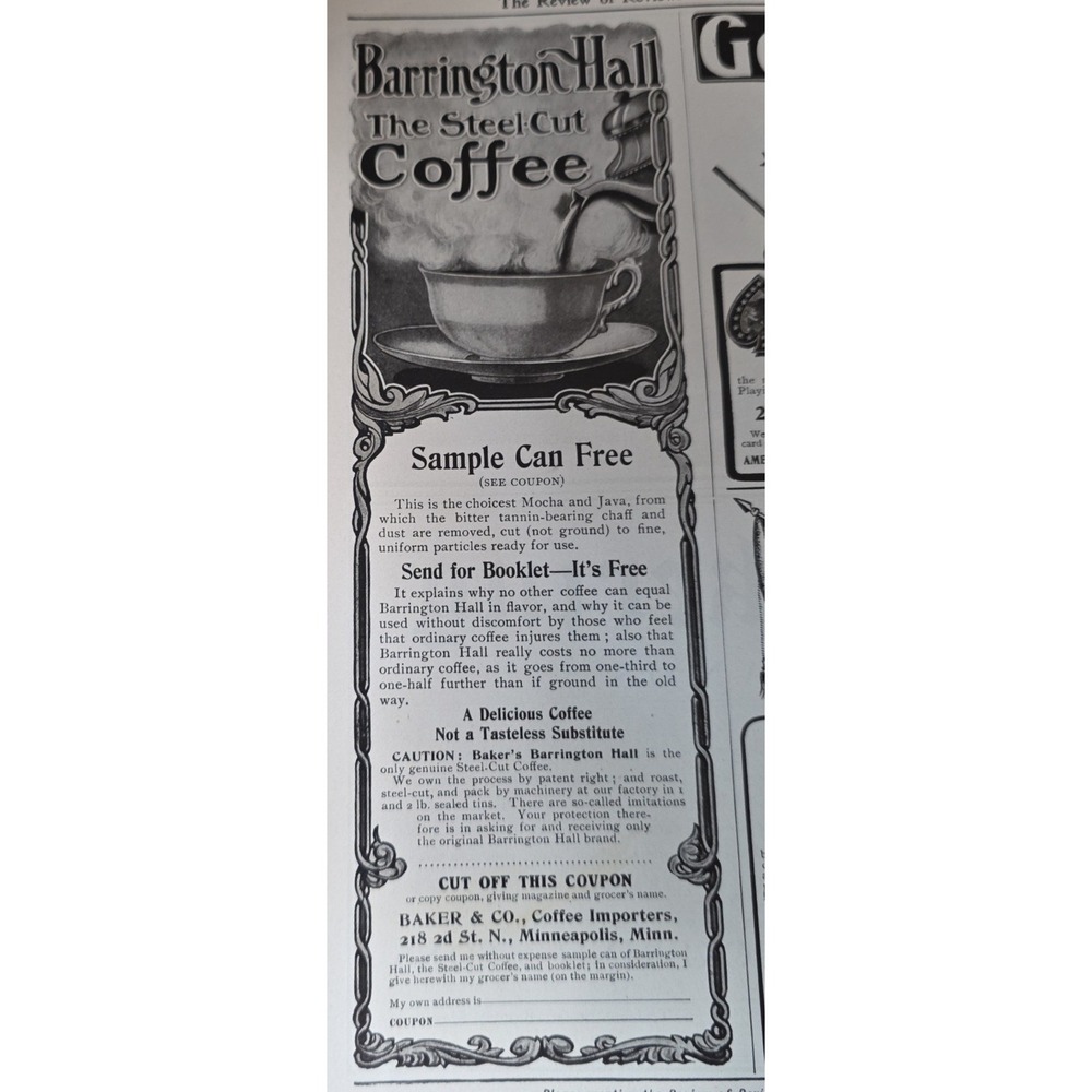 Vintage Barrington Hall Steel-Cut Coffee Print Ad Baker & Co Minneapolis MN